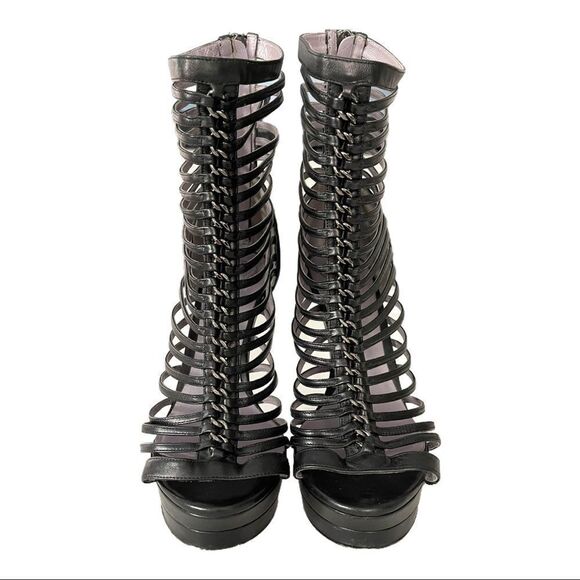 VERSACE Chain Detail Strappy Leather Ankle Booties - Picture 2 of 13